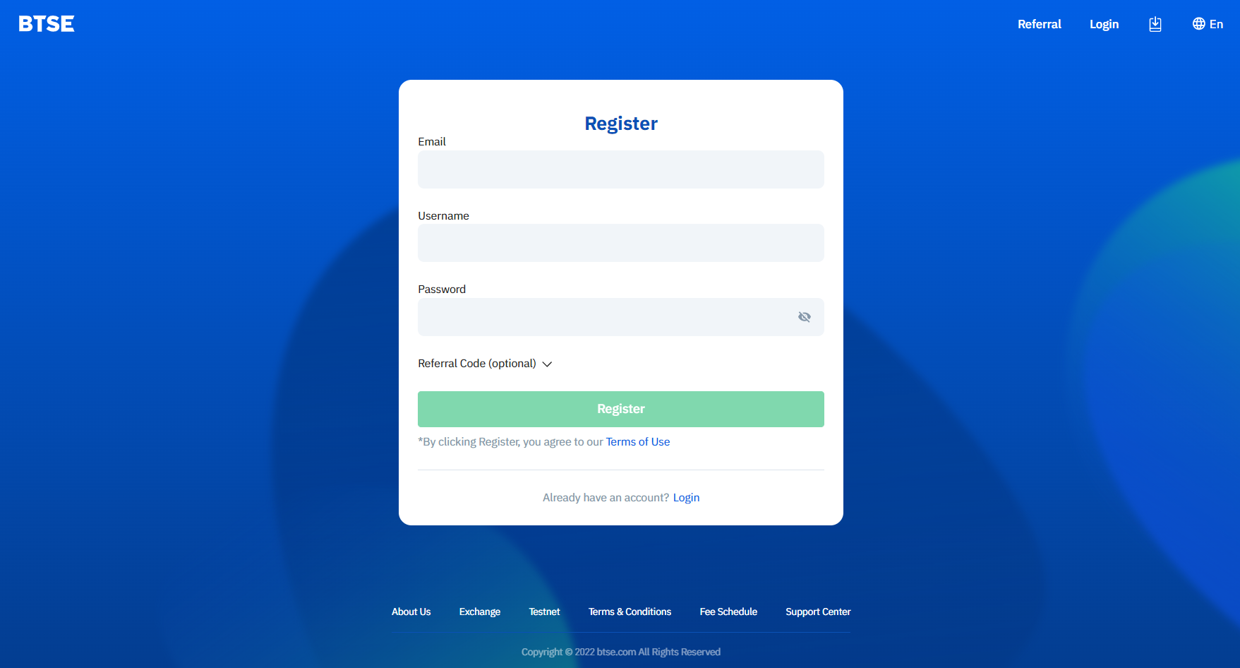 Registration on BTSE crypto derivatives platform Registration on BTSE crypto derivatives platform