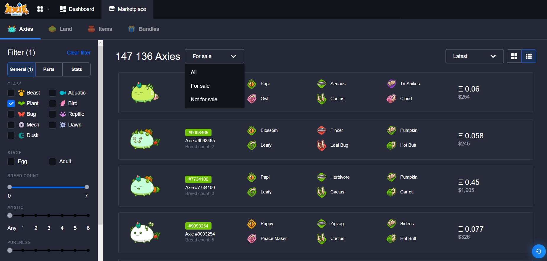 An example of using a filter in the Axie Infinity marketplace An example of using a filter in the Axie Infinity marketplace